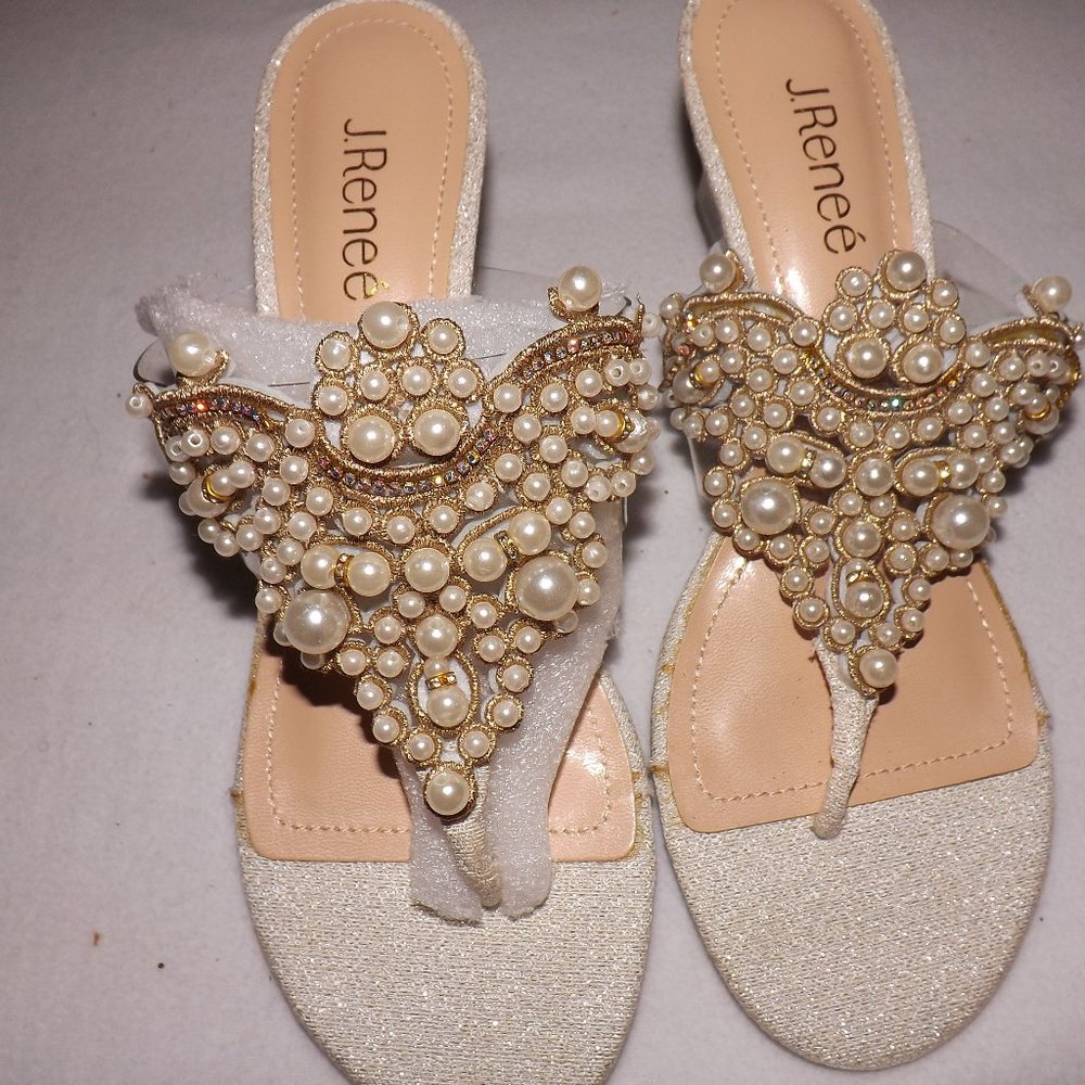 J.Renee Women's white and Clear Sandals with pearls Size 8